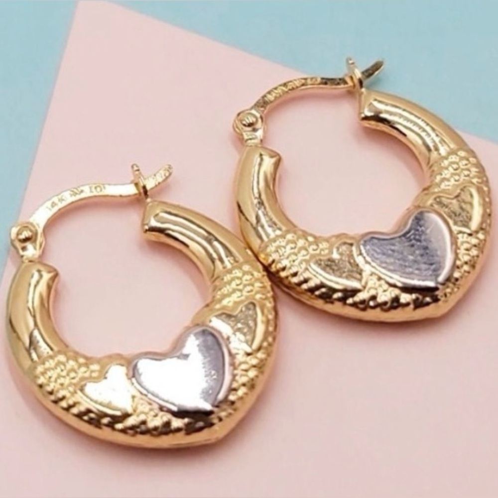 14 kt Yellow and White Gold Puff Heart Hoop Earrings